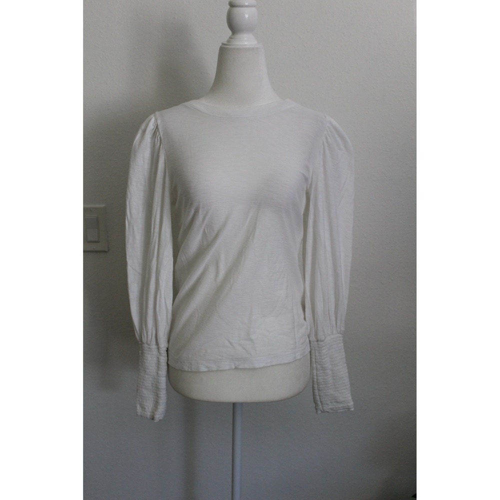 Nation LTD White Pima Cotton Puff Sleeve Smocked Cuff Top Small Preppy Revolve